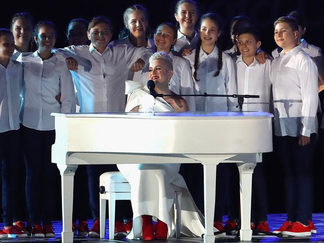 GOLD COAST, AUSTRALIA - APRIL 04:  Katie Noonan performs during the Opening Ceremony for the Gold Coast 2018 Commonwealth Games at Carrara Stadium on April 4, 2018 on the Gold Coast, Australia.  (Photo by Mark Kolbe/Getty Images)