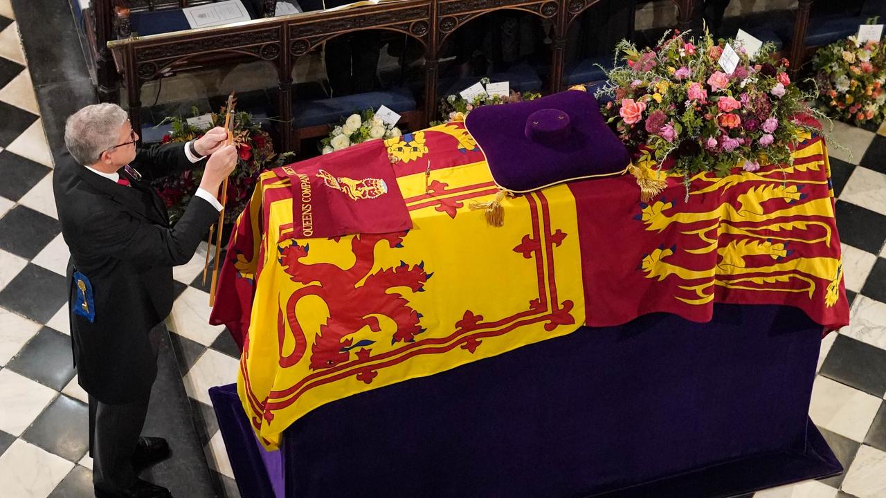 The Lord Chamberlain ceremonially breaks his wand of office on the coffin at the Committal Service for Queen Elizabeth II. Picture: Getty Images