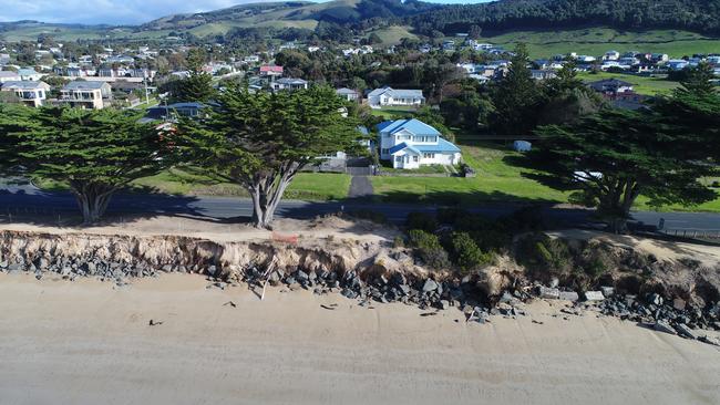 Drone vision shows significant erosion of the Apollo Bay foreshore caused by storms. Picture: DELWP