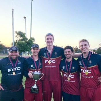 Coach Paul Woodford (also BBC’s Director of Cricket) with Harry Walker OC 2018, Matt Willans OC 2018, Max Clayton OC 2018, James Grady OC 2014.