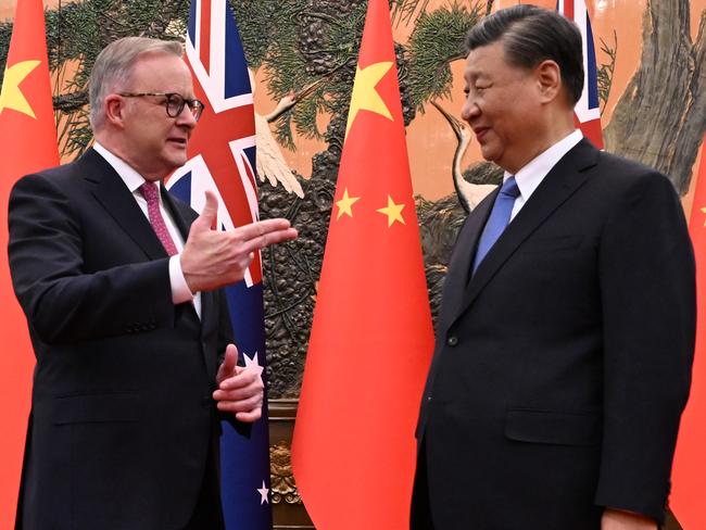 Australia’s Prime Minister Anthony Albanese meets with China’s President Xi Jinping at the Great Hall of the People in Beijing, China, Monday, November 6, 2023. Anthony Albanese will hold talks in China with President Xi Jinping in the first visit to the Asian nation by a sitting prime minister since 2016. (AAP Image/Lukas Coch) NO ARCHIVING