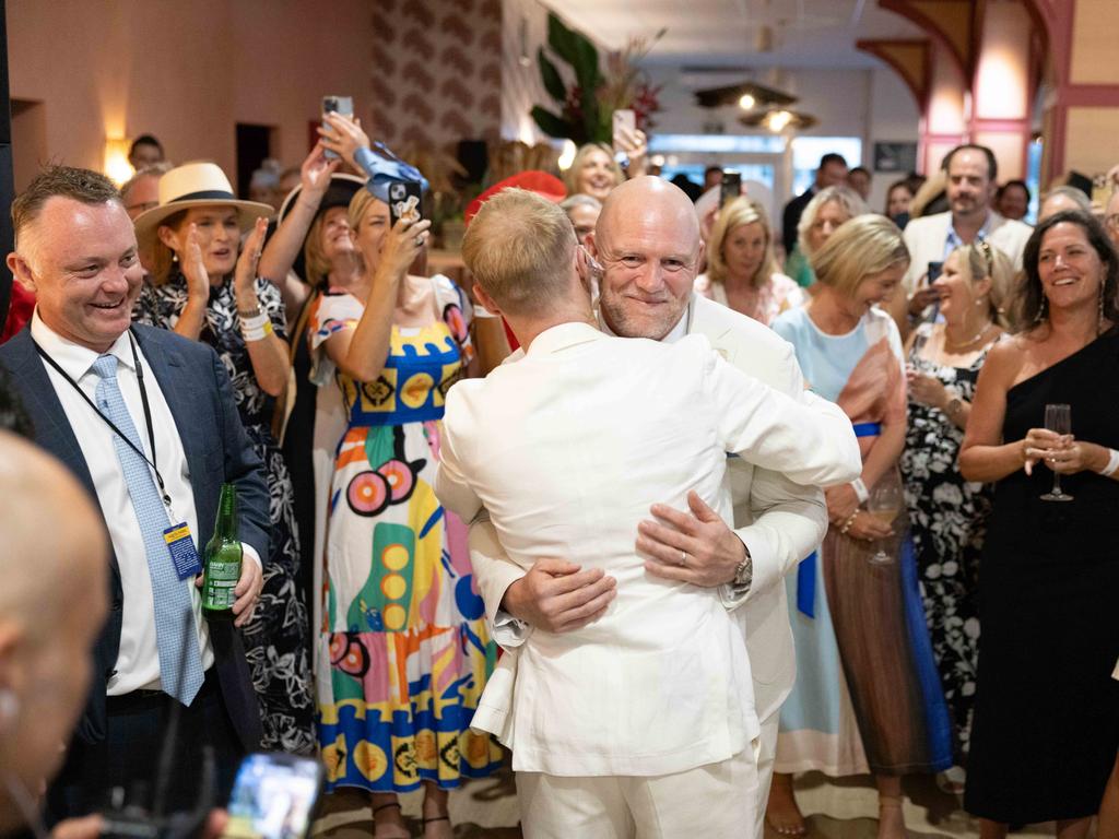 Ronan Keating embraces Mike Tindall. Picture: Luke Marsden.