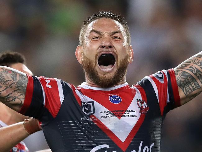 Roosters' Jared Waerea-Hargreaves celebrates victory during the 2019 NRL Grand Final between the Sydney Roosters and Canberra Raiders at ANZ Stadium on 6 October, 2019 in Sydney. Picture. Phil Hillyard