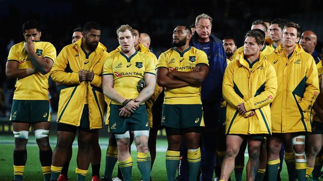 Dejected Wallabies at Eden Park last year. Picture: Hannah Peters/Getty Images