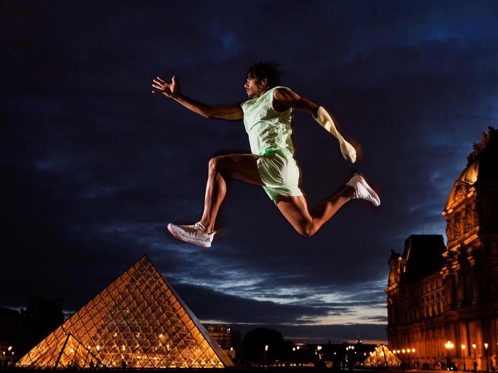 It’s all about perspective. France’s paralympic triple jumper Arnaud Assoumani poses in front of The Louvre Pyramide, designed by Ieoh Ming Pei, in Paris on April 20, 2024, ahead of the Paris 2024 Olympic and Paralympic games.Picture: AFP