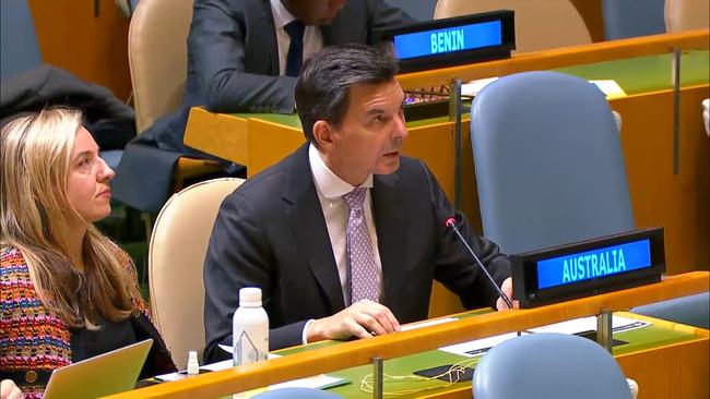 Australia's UN ambassador James Larsen addressing the General Assembly on the Palestine resolution at UN headquarters in New York. Picture: UN