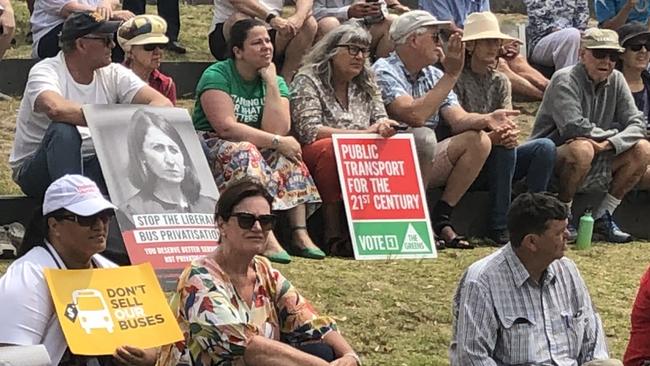 Some of the 200 people who attended the community rally, on the Village Green at Mona Vale, opposed to the privatisation of bus services on the northern beaches. Picture: Rail, Tram and Bus Union