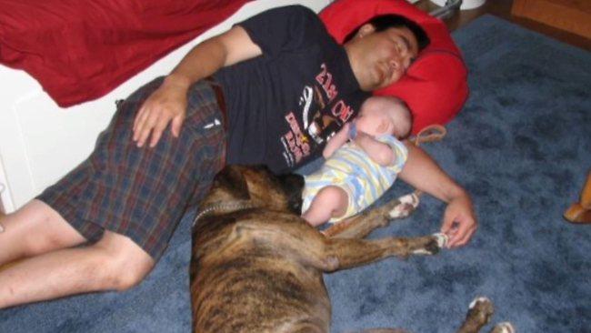 A family photo shows Dave Furukawa (L) laying with his son, Will, and his guide dog, Simon. Picture: NBC 11 Alive