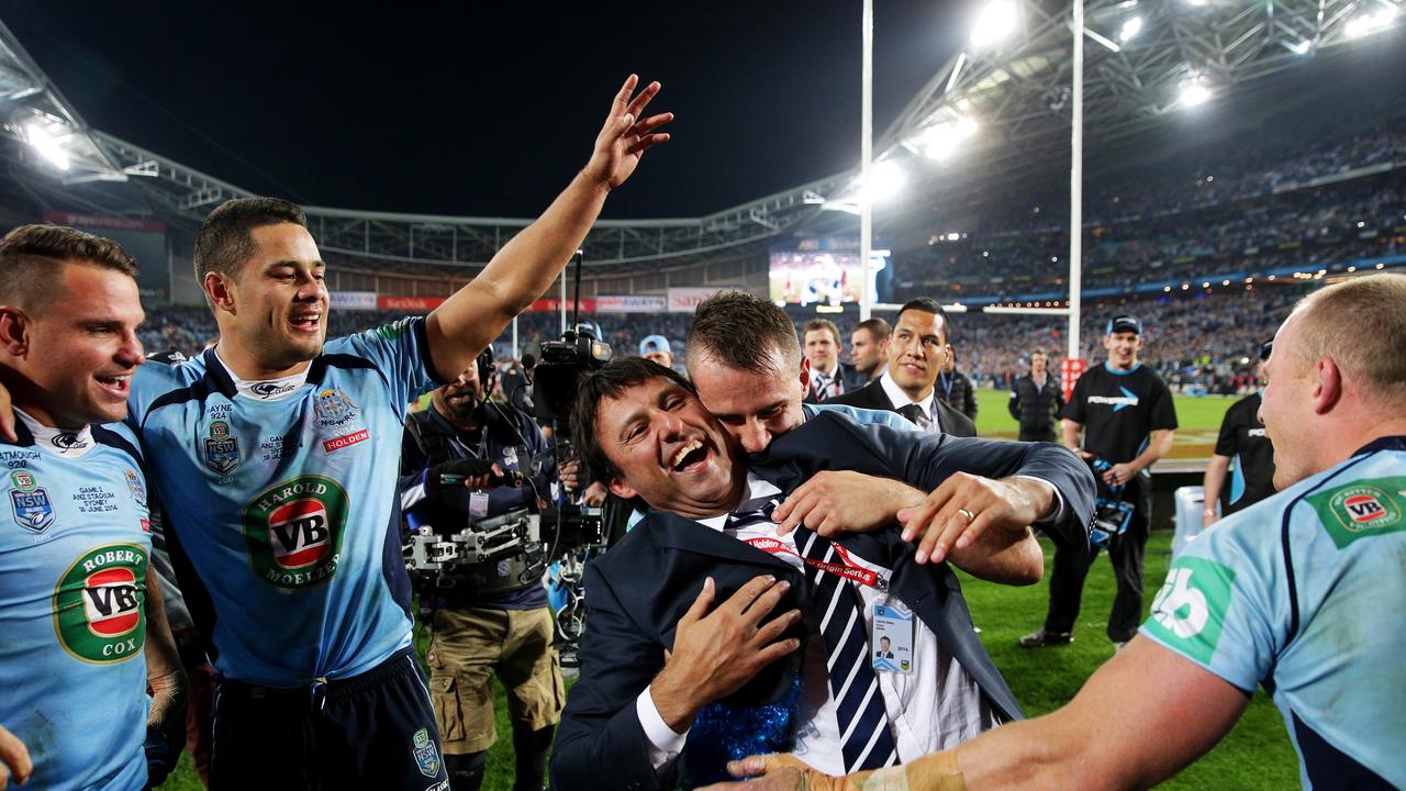 Daley (centre) coached NSW to a drought-breaking 2014 series win with Hayne (second left) at fullback. Picture: Gregg Porteous