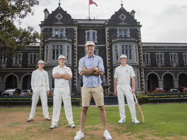 6/2/19 - Adelaide's Best Cricket Schools - Price Alfred College (PAC) 1st XI players Mitch Thiele, Cooper Luke and Jamison Murphy with old collegian and Australian batsman Greg Blewett. Picture SIMON CROSS