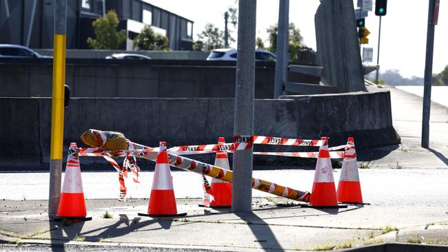 The damaged pole on Power Street in Plumpton, part of multiple scenes of a police pursuit and stabbing out in Plumpton and Doonside. Picture: NewsWire/ Damian Shaw