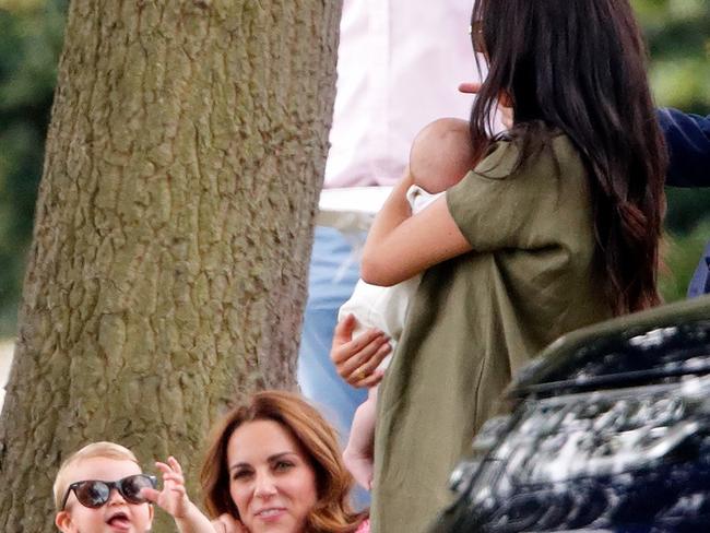 Prince Louis, Catherine, Duchess of Cambridge, Meghan, Duchess of Sussex and Archie attend the King Power Royal Charity Polo match. Picture: Getty Images