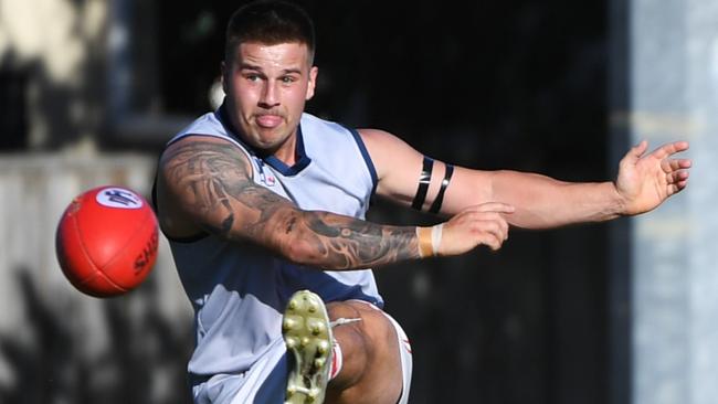 Lalor’s Jayden Jones takes a shot at goal on Saturday. Picture: James Ross.