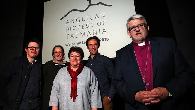 Synod members Rev Joel Nankervis, Samantha Vahedi, Amanda McAully, Rev Dr Sam Gough and Bishop Richard Condie at the Anglican Church Synod at Riverside. Picture: CHRIS KIDD