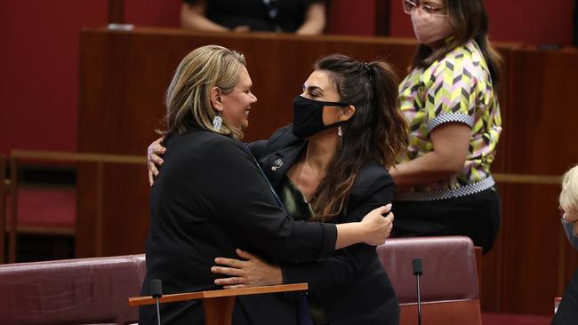 orinda Cox is hugged by senator Lidia Thorpe after her maiden speech. Picture: NCA NewsWire / Gary Ramage