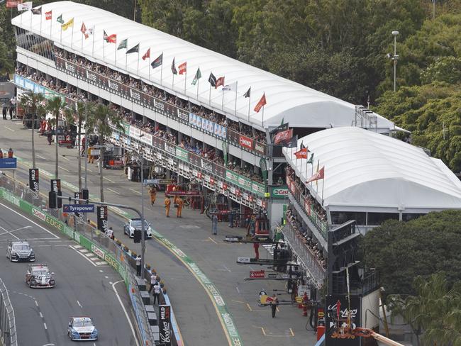 The Gold Coast 600 track build traditionally begins with construction of the stand that houses team garages and suites overlooking Pit Lane, on Macintosh Island.