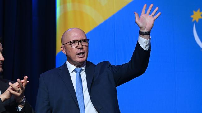 BRISBANE, AUSTRALIA - NewsWire Photos - JULY 6, 2024.Federal Opposition Leader Peter Dutton (right) is applauded by Queensland Opposition Leader David Crisafulli during the LNP Convention in Brisbane. Picture: Dan Peled / NewsWire