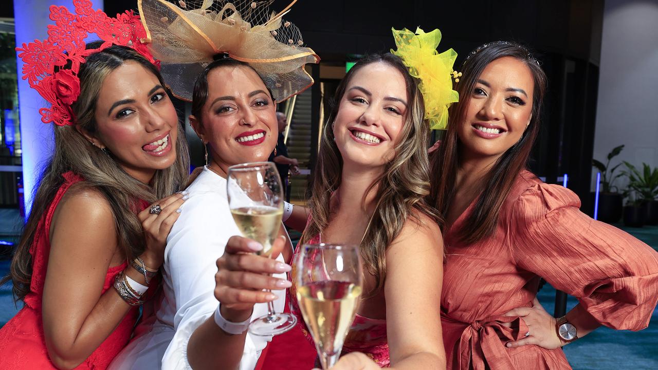 Rohini DÃ&#149;Souza, Carolina Piola, Laura Bacci, and Anna Seeto at The Star Queen's Wharf Melbourne Cup party. Pic: Adam Head