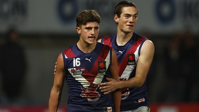 Mitchell Rowe (right) celebrates with Harry Sheezel during the 2022 grand final win. Picture: Daniel Pockett/AFL Photos/via Getty Images