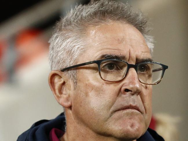 GOLD COAST, AUSTRALIA - JULY 31: Lions head coach Chris Fagan looks on during the round nine AFL match between the Essendon Bombers and the Brisbane Lions at Metricon Stadium on July 31, 2020 in Gold Coast, Australia. (Photo by Ryan Pierse/Getty Images)