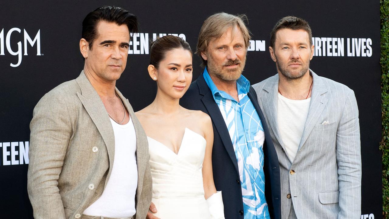 Colin Farrell, Pattrakorn "Ploy" Tungsupakul, Viggo Mortensen and Joel Edgerton at the Thirteen Lives premiere. Picture: Valerie Macon/AFP