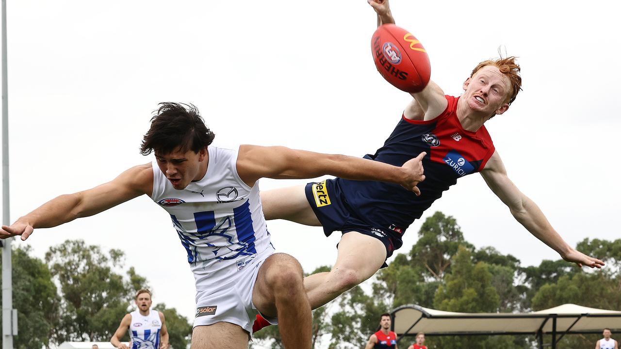 Melbourne’s Jake Bowey spoils North’s Eddie Ford in a pre-season match at Casey Fields in February 2022. Picture: Michael Klein