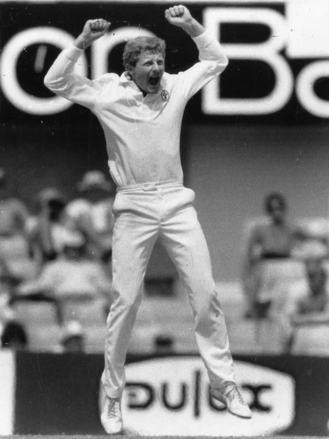 Cricket — NSW and Australian Test cricketer Peter Taylor celebrating. Used "Sunday Mail" 29 Oct 1989. 