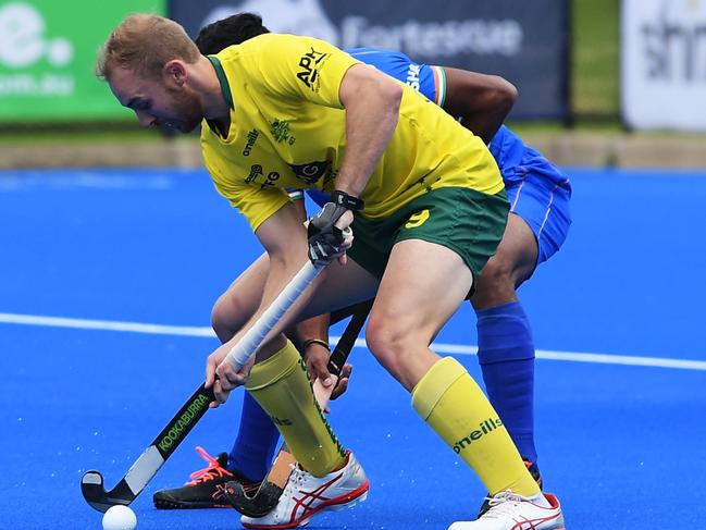 ADELAIDE, AUSTRALIA - NOVEMBER 27: Jacob Anderson of the Kookaburras competes in front of goal  during game 2 of the International Hockey Test Series between Australia and India at MATE Stadium on November 27, 2022 in Adelaide, Australia. (Photo by Mark Brake/Getty Images for Hockey Australia)