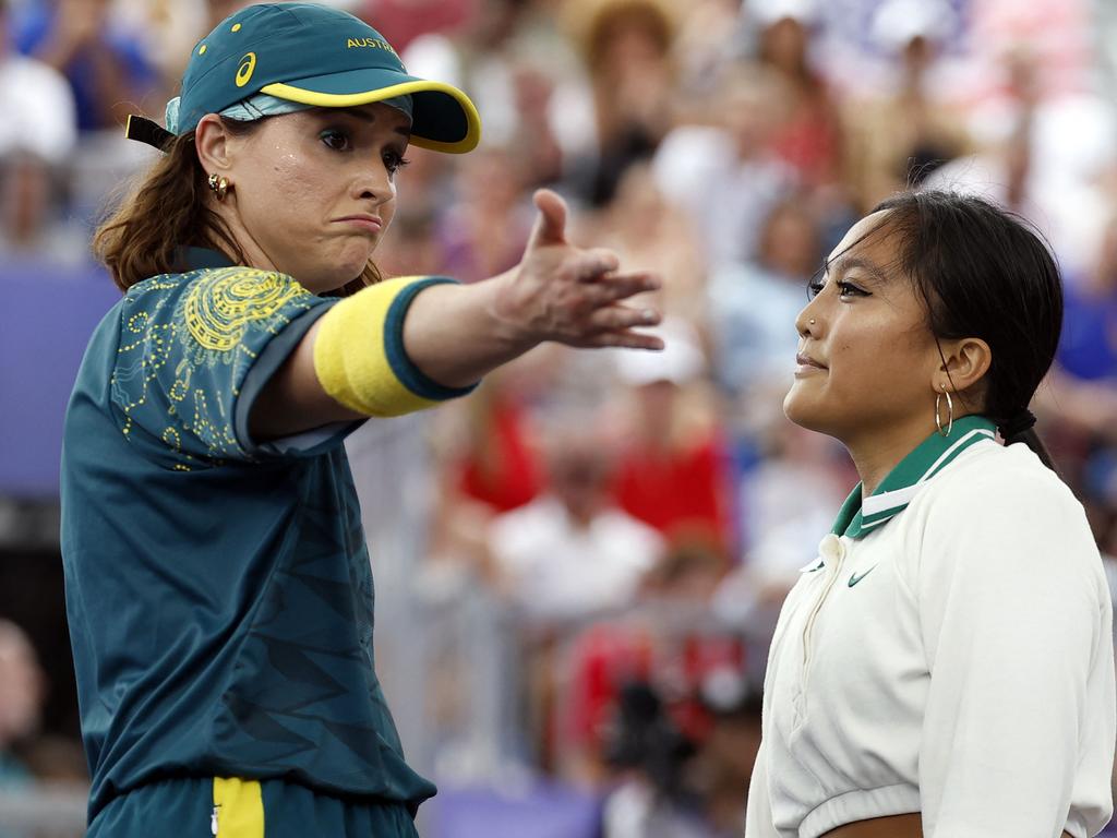 With fellow competitor Logan Edra, known as Logistx, during their battle at the Paris Olympics. Picture: AFP