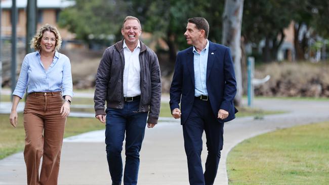 Pumicestone MP Ali King, Premier Steven Miles and Treasurer Cameron Dick at Bongaree on Tuesday to announce a re-elected Labor government will build a new bridge to Bribie Island. Picture Lachie Millard
