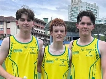 Kaleb Mayfield (middle) and Sam Riggs (left), who figured in Mackay’s winning team, both travelled to Malaysia to represent the U17 Australia All Stars in November. Picture: Supplied.