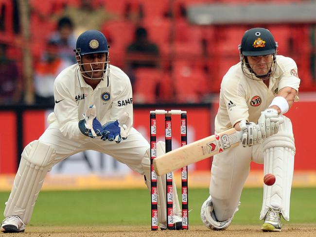 Shane Watson plays a shot against India in Bangalore in 2010. Picture: AFP Photo/Dibyangshu Sarkar