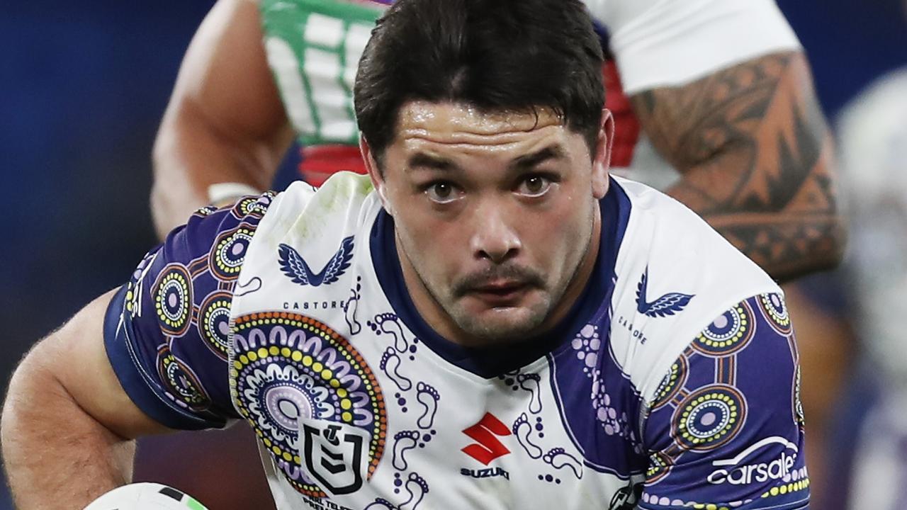 GOLD COAST, AUSTRALIA - JULY 17: Brandon Smith of the Storm runs with the ball during the round 18 NRL match between the Melbourne Storm and the Newcastle Knights at Cbus Super Stadium, on July 17, 2021, in Gold Coast, Australia. (Photo by Regi Varghese/Getty Images)