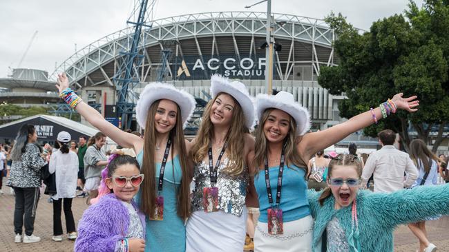 Evie 8, Jemma 8, Sarah 19, Tia 19, Jordan 19 arrive for the second of four Taylor Swift The Eras Tour concerts at ACCOR Stadium in Sydney,: Picture: NCA NewsWire / Flavio Brancaleone