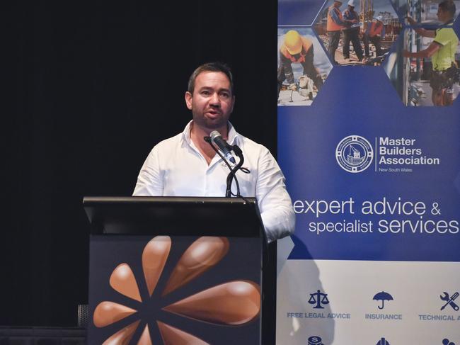 G.J. Gardner Homes Tweed Heads & Ballina managing director Peter Leotta addressing the 150 strong crowd at the Master Builders Association Cross Border conference at Tweed's Twin Towns on Thursday afternoon.  Photo: Jessica Lamb