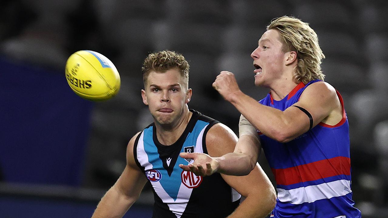 Bulldog Cody Weightman on his way to a two-point defeat at the hands of Port Adelaide at Marvel Stadium. Picture: Michael Klein