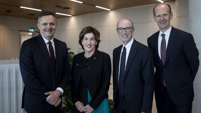 Deal time. From left to right: Suncorp‘s CEO Steve Johnston and Suncorp chair Christine McLoughlin, ANZ's chairman Paul O'Sullivan and CEO Shayne Elliott. Photograph: Arsineh Houspian