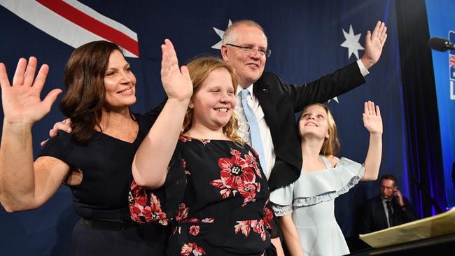 Prime Minister Scott Morrison on election night at the Wentworth Sofitel Hotel in Sydney with his family.