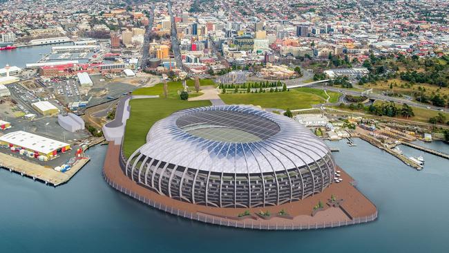 Macquarie Point Stadium 2.0, shown from above, has ticked all the boxes except for state government support. Picture Stadia Precinct Consortia