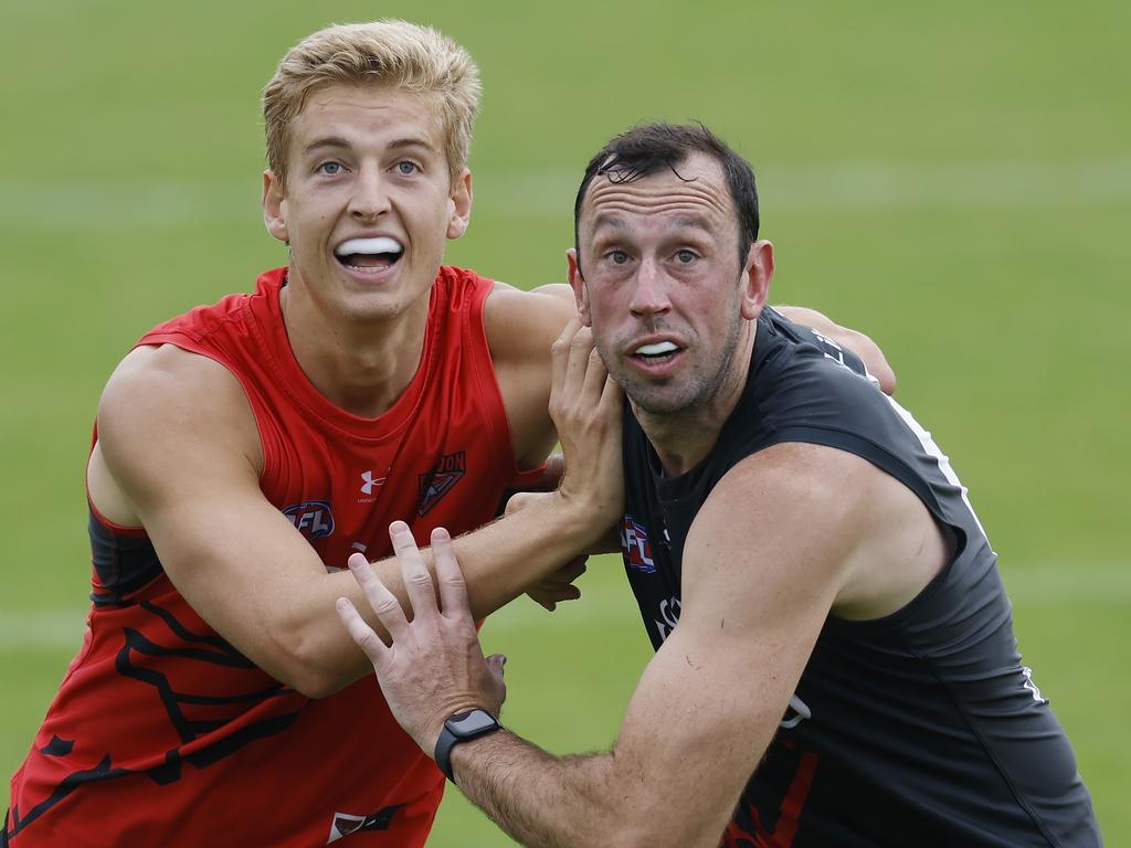 Nick Bryan and Todd Goldstein battle in the ruck during training. Picture: Michael Klein