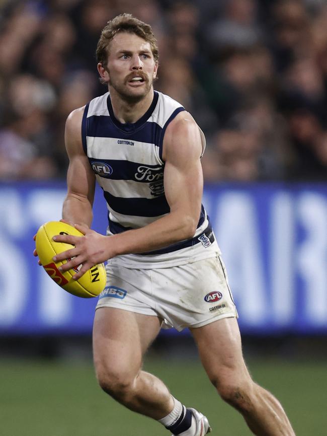 Tom Atkins in action for Cats in the round 22 AFL clash with Collingwood in round 22, 2023. PHOTO: Darrian Traynor/Getty Images