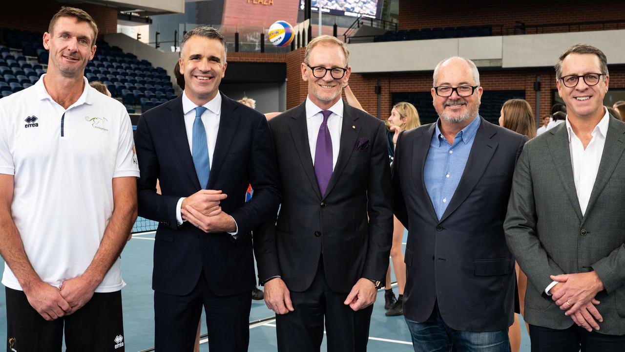 Volleyball player Chris McHugh, Premier of South Australia Peter Malinauskas, Volleyball Australia President Craig Carracher, Chair of the Major Events Attraction Committee Leon Bignell and CEO of Volleyball Australia Andrew Dee. Picture: NCA NewsWire / Morgan Sette