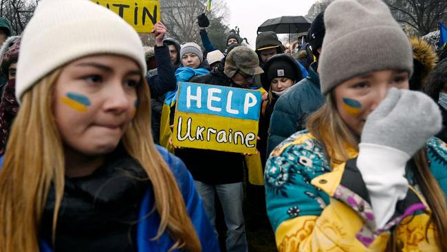 Mr Morrison described the invasion of Ukraine (demonstrators at rally in US above) as “unprovoked”, “illegal” and “unacceptable. Picture: Olivier Douliery/AFP