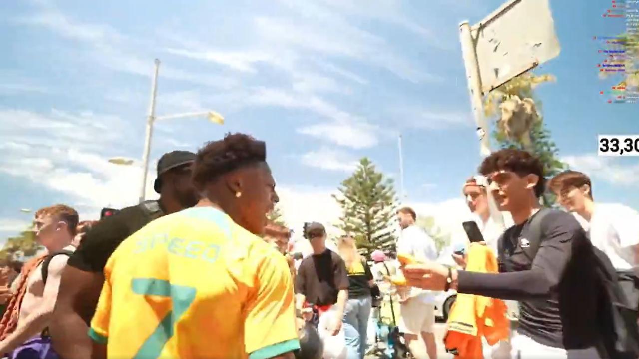 Speed blows up at a young fan who stole his hat. Picture: X