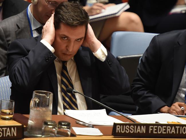Russia’s deputy UN ambassador Vladimir Safronkov attends the United Nations Security Council meet in an emergency session following the suspected deadly chemical attack. Picture: Timothy A Clary/AFP