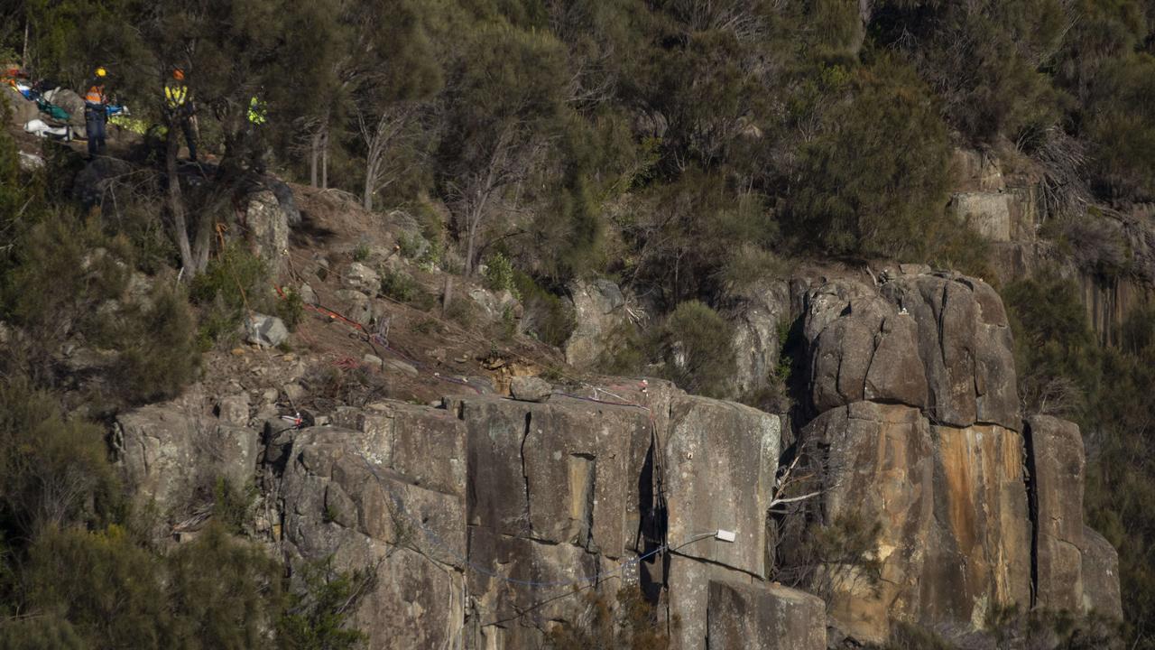 Removal of rock on the Tasman Highway near Orford. Picture ABC News Luke Bowden