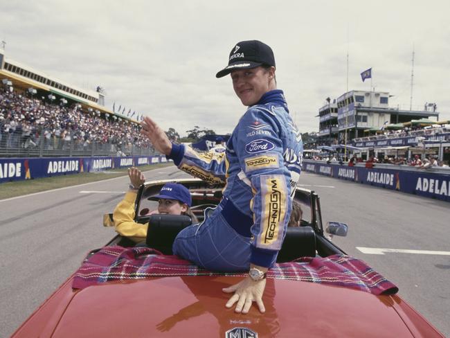 Michael Schumacher waves as he does a lap in Adelaide in 1994. Picture: Alexander Hassenstein/Bongarts/Getty Images