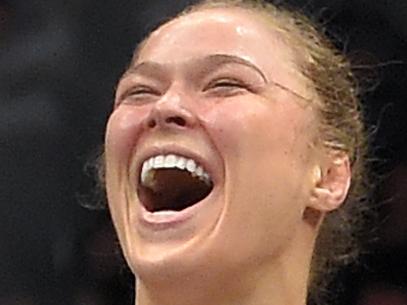 Ronda Rousey, celebrates after defeating Cat Zingano in a UFC 184 mixed martial arts bantamweight title bout, Saturday, Feb. 28, 2015, in Los Angeles. Rousey won after Zingano tapped out 14 seconds into the first round. (AP Photo/Mark J. Terrill)