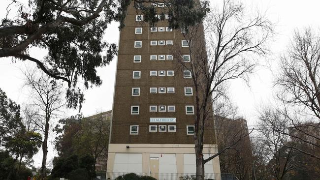 One of the locked-down public housing towers in North Melbourne. Picture: Daniel Pockett