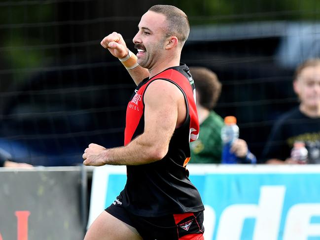 Matthew Panuccio of Riddell celebrates kicking a goal during the round two RDFNL Bendigo Bank Seniors match between Riddell and Kyneton at Riddells Creek Recreation Reserve, on April 13,2024, in Diggers Rest, Australia. (Photo by Josh Chadwick)
